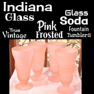 ▪️VTG▪️INDIANA GLASS▪️Set of Four Pink Frosted Footed Column Soda Tumblers
